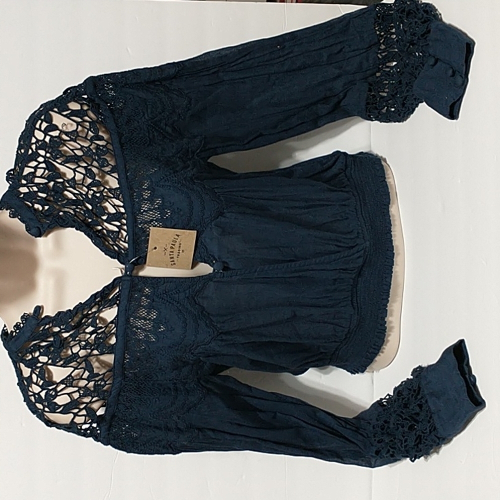 Free People Santa Paula Navy blue long sleeve blouse women size XS